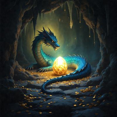 Primary subject: A blue dragon with a yellow egg in its mouth.

Setting/background: The dragon is in a cave, surrounded by gold coins.

Visual style: The image is a digital art illustration.

Colors and mood: The dominant colors are blue and yellow, with a gold accent. The overall atmosphere is mysterious and fantastical.